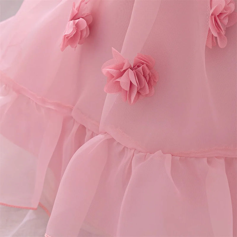 Baby Girls Pink Flower Fluffy Birthday Dress Kids Lace Summer Elegnat Evening Gown Party Dresses iInfant Floral Holiday Costumes