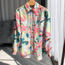 Women Floral Shirt Top Turn-Down Collar Single Breasted Lady Silk Cotton Blends Long Sleeve Blouse