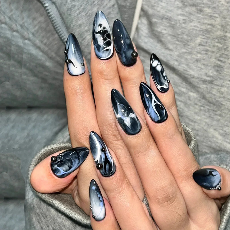 Almond Nails Set Press on Nails Golden Print Detachable Artificial Full Cover False Nails Tips
