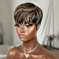 Highlight Wig Human Hair Short Pixie Cut Wigs with Bangs Layered Cut Wigs