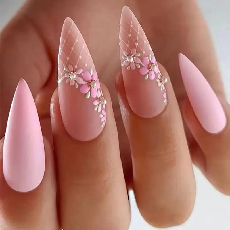 24Pcs Nude Pink Almond False Nails Glitter Powder Designs Fake Nail Long Stiletto Nails Set Artificial Wearable Press on Nails