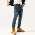 Retro Patchwork Motorcycle Jeans Men's Autumn Slim Straight Elastic Casual Long Pants Cotton Elastic Denim