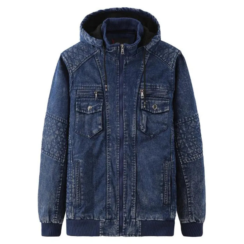 Winter Denim jacket plus velvet warm solid thick casual jacket men's cotton Denim jacket warm coat Hooded