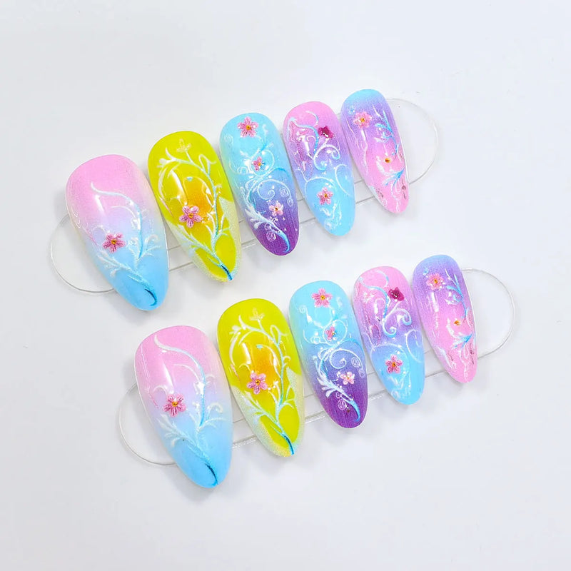 Summer Almond False Nails Flowers Design Flower Press On Nails Almond