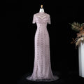 Champagne Evening Dress Sheer Sleeve Grid Rhinestone Mermaid Formal Occasion Gown