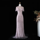 Champagne Evening Dress Sheer Sleeve Grid Rhinestone Mermaid Formal Occasion Gown