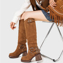 Wasteland Style Motorcycle Boots Suede Knee High Boots Women Block High Heels Boot Shoes