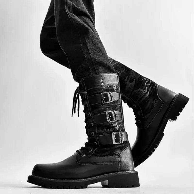 Men Boots Boots Motorcycle Boots for Men Lace-up Platform Boot Mid-Calf Casual Leather
