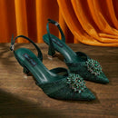 Women's Elegant Green Rhinestone Slingback Heels & Matching Handbag