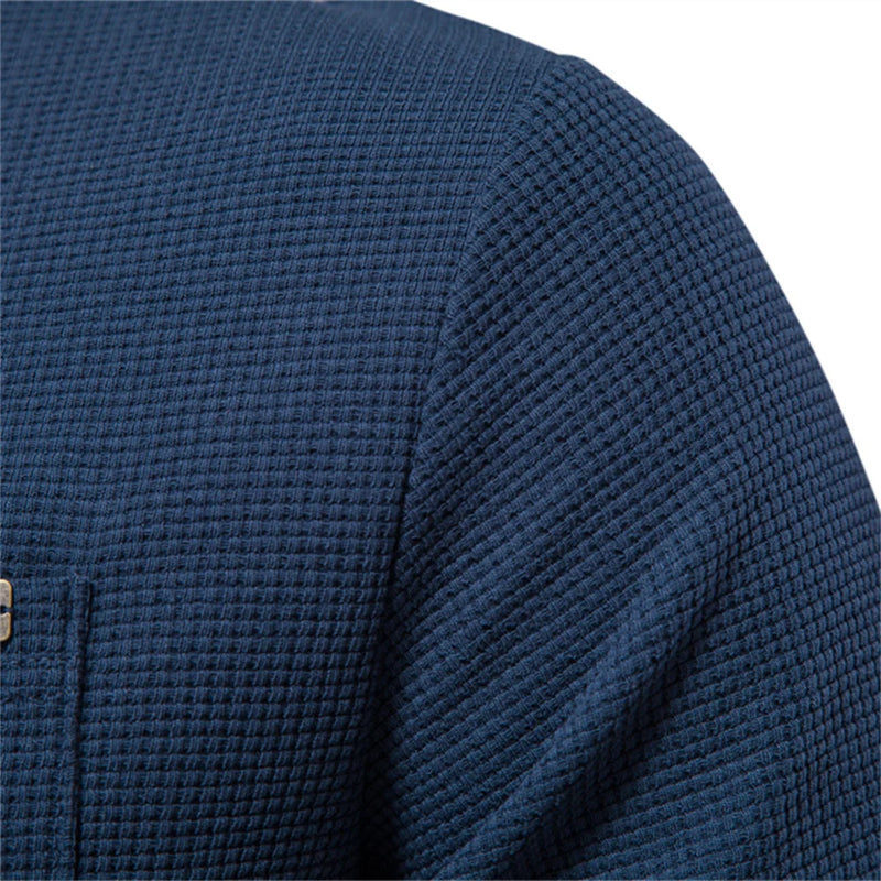 Waffle Cotton Solid Men Tshirts Single Pocket Long Sleeve Tee Shirts for Men Spring Basic Breathable Tops Men
