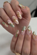 10/30pcs Pink Green Almomd Press On Nails Gold Bow & White Mini Flower Almond Nails