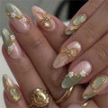10/30pcs Pink Green Almomd Press On Nails Gold Bow & White Mini Flower Almond Nails
