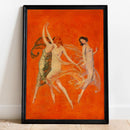 Framed artwork of three dancing figures on an orange background, Obroi