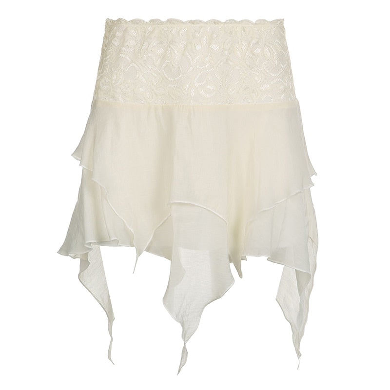 Boho Frill Low Waist Mesh Skirt Women Vintage Outfits Irregular Summer Mini Skirts Lace Trim Vacation