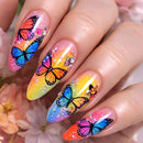 Nails with colorful butterfly design on a floral background, Obroi