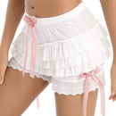 Womens Lace Trim Frilly Bloomers Bowknot Shorts Femme Ruffled Tiered Shorts Elastic Waistband Panties Party Costume