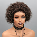 Mannequin head with curly brown wig and black lace choker on a gray background, Obroi