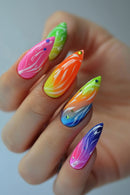 Colorful nail art on a hand with a white background, Obroi