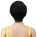 Black short wig on a mannequin with yellow straps against a white background, Obroi