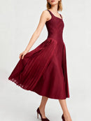 Spliced Shirring Dresses for Women Square Neck Sleeveless High Waist Casual Dress Female Clothing