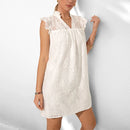 Stand Collar Ruff Sleeve White Lace Dress Women Summer Sweet Elegant Ladies Casual Loose Mini Dresses