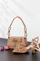 Shoes and Bag Set in Peach Sweet with Shinning Crystal for Wedding