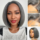 A woman wearing a short gray wig with wavy lace fronts, shown alongside close-up inset views of the hairline and a third inset showing the wig in a real-life portrait style. Text on the insets reads 'Pre-cut Wavy Lace,' 'Easy to wear,' and 'Real shot style, Obroi