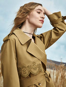 Elegant Solid Color French Hollow Out Windproof Warm Loose Stylish Trench Coat for Women with Belt