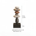A stacked stone sculpture on a dark rectangular base with overlaid dimension labels showing total height 12.6 inches, base width 4, Obroi