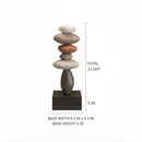 A stacked stone sculpture on a dark rectangular base with overlaid dimension labels showing total height 12.6 inches, base width 4, Obroi
