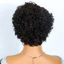 Back view of a short, curly wig on a mannequin head against a plain white background, Obroi