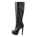 Women Platform Boots  Round Toe Zipper Knee High High Heel Rivet Handmade Boots