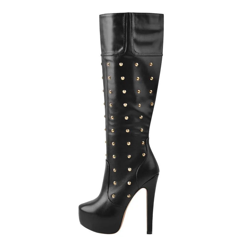 Women Platform Boots  Round Toe Zipper Knee High High Heel Rivet Handmade Boots