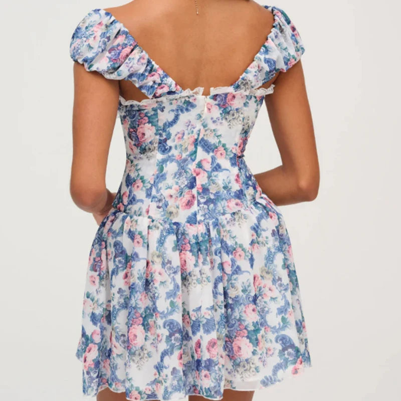 Boho Blue Floral Mini Dress Women Puff Sleeve Lace Spliced A-line Beach Holiday Summer Dresses