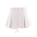 Sexy Low Waist Pleated Mini Skirt Summer Women Metal Eyelets Lacing Up Belt Fringed Hem Skirt