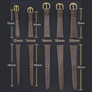 Set of brown watch straps with measurements on a black background, Obroi