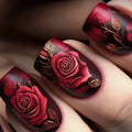 Nails with red rose floral design on a dark background, Obroi