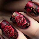 Nails with red rose floral design on a dark background, Obroi