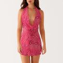 Women Sequin Halter Mini Dress Fold Backless Slim Fit Short Dresses Lady Chic Summer Beach