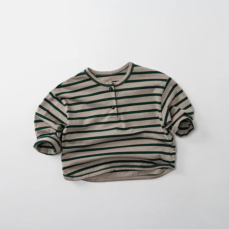 Spring Autumn Children T-Shirts 1-8Y Boys Button Striped Casual Tops Tees Toddler