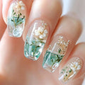 Medium nails for women girls half clear gradient flowers design full cover press on Nails art