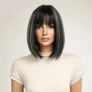 Wig Medium Length Linen Brown Hair Highlighted Mixed Color Bobo Short Hair Shoulder Straight Bangs Wigs