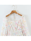 Autumn Long Sleeve Mini Dress Woman Slim Chic Floral Print Square Neck Ruffle Tie Short Fairy Dress Female