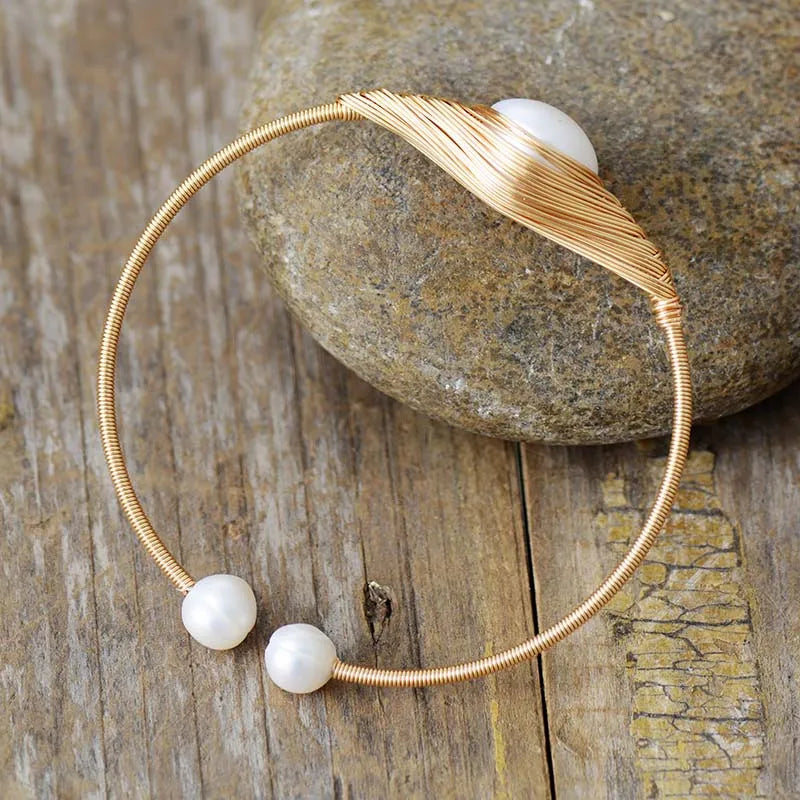 Handmade Natural Pearl Gold Plated Wire Wrap Cuff Bangle Bracelet Classic Woman Wedding Jewelry