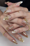 24Pcs Retro Red Nails Patches Metal Bow Press on Nails Sets Golden Lines Plaid Tips Full Cover Almond