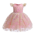 A pink and gold baby girl's party dress with a lace bodice, short ruffled sleeves, and a voluminous tulle skirt with a gold floral pattern, Obroi