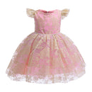 A pink and gold baby girl's party dress with a lace bodice, short ruffled sleeves, and a voluminous tulle skirt with a gold floral pattern, Obroi