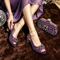 Gold Color Thin Heels Pointed Toe Crystal Design Ladies Shoes Matching Bag Set For Women Pump