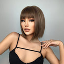 Brown Highlight Short Straight Hair Wig Bob Wigs With Bangs for Women