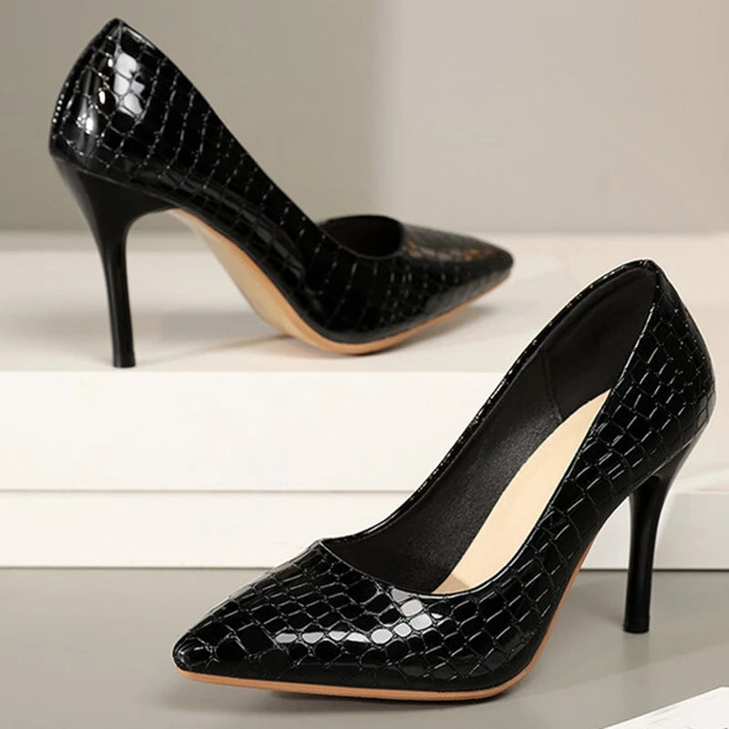 Women Pumps Pointed Toe Thin High Heels Slip-On Plaid Solid Black White Office Spring